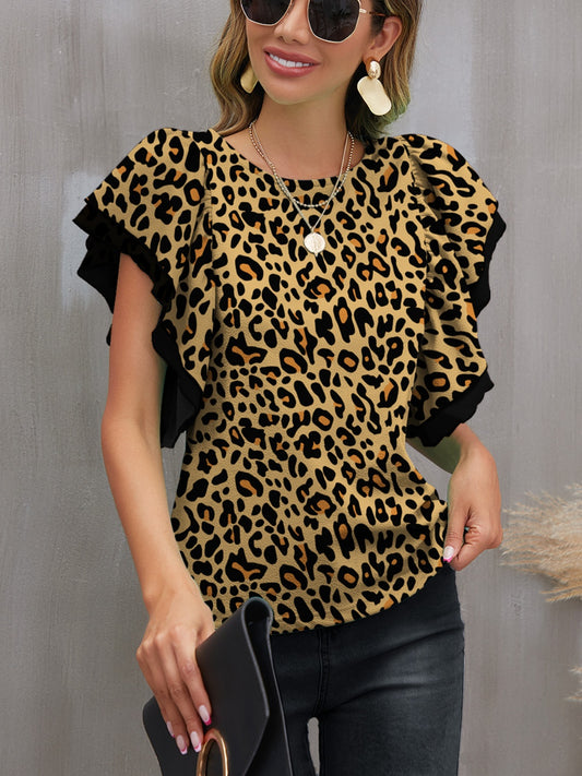 Women Leopard Round Neck Flounce Sleeve Blouse