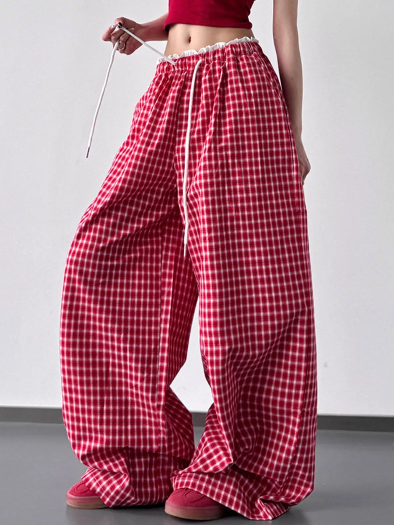 Drawstring Plaid Wide Leg Pants Trendsi