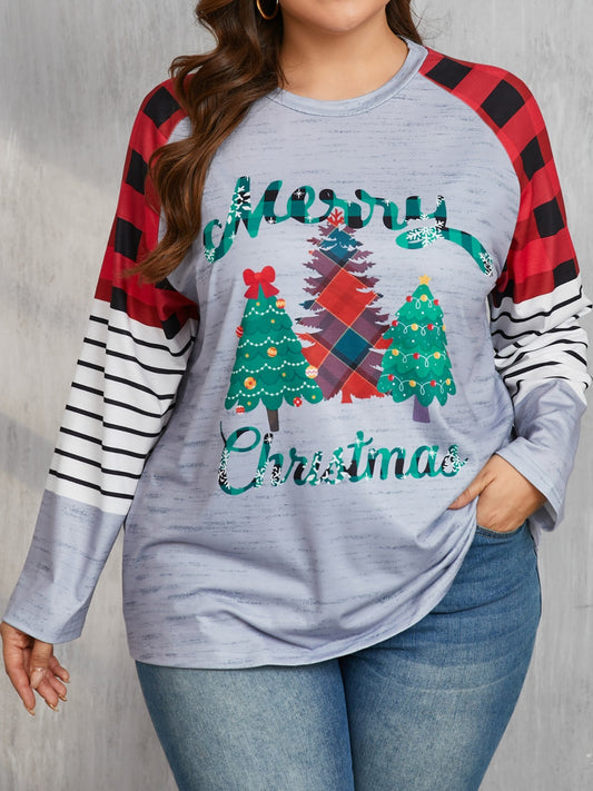 Plus Size Women Christmas Tree Plaid Round Neck Long Sleeve T-Shirt NicholesGifts