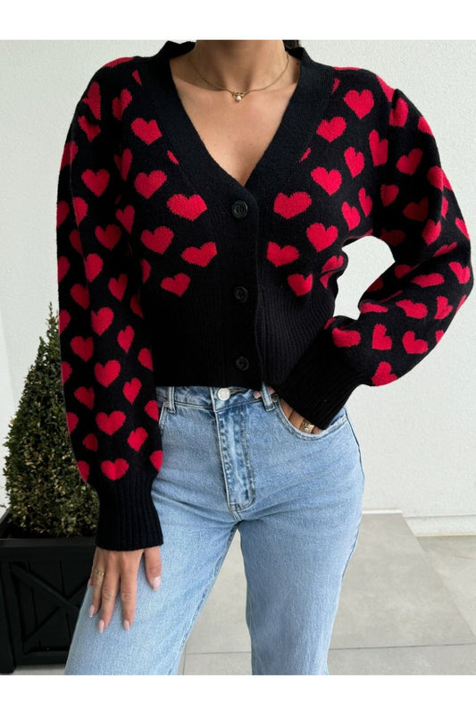 NicholesGifts Women Valentine’s Day Heart V-Neck Cropped Cardigan NicholesGifts
