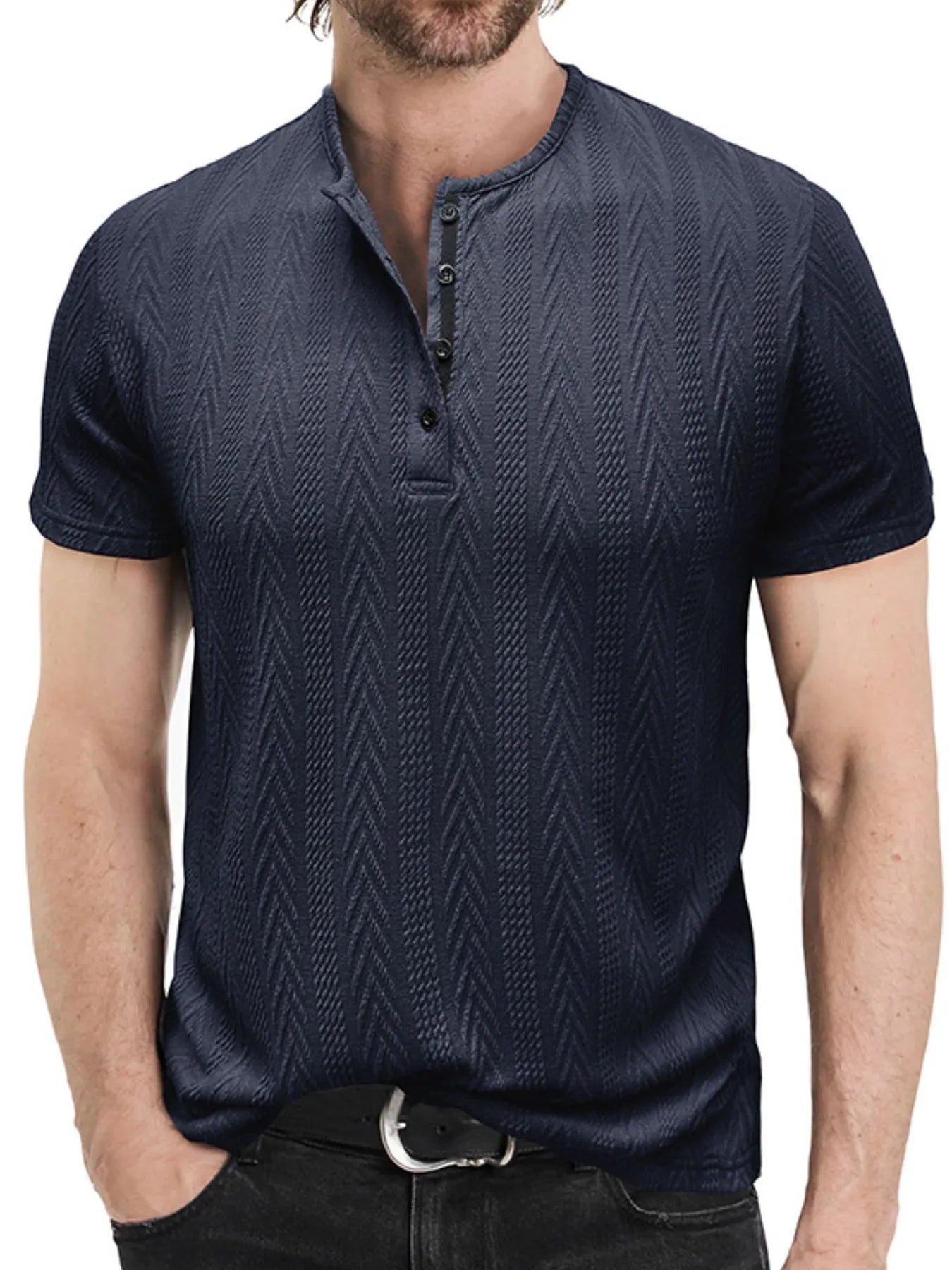 Men's Textured Chevron Pattern Henley Polo Short Sleeve Shirt