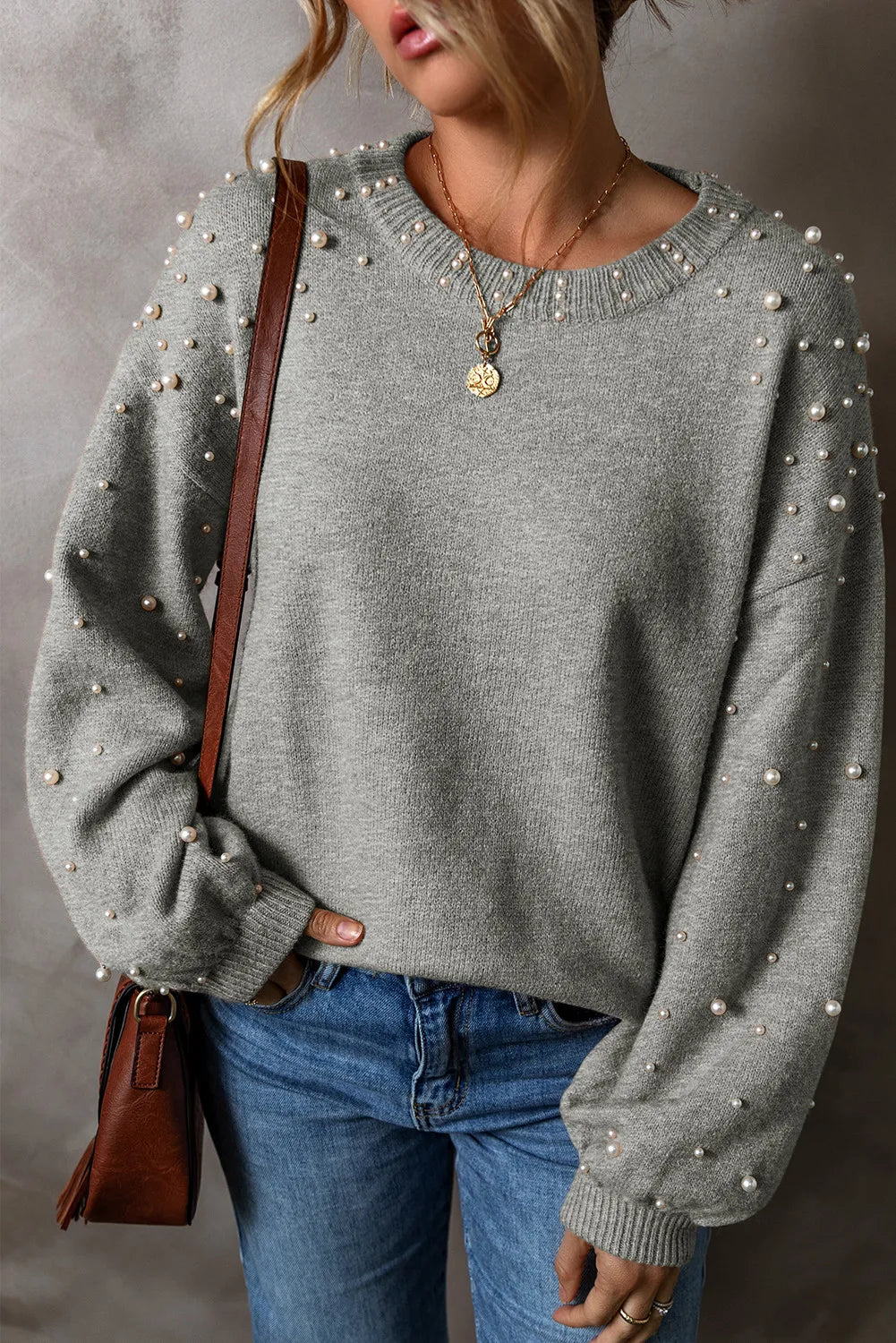 Women Pearl Detail Round Neck Long Sleeve Sweater