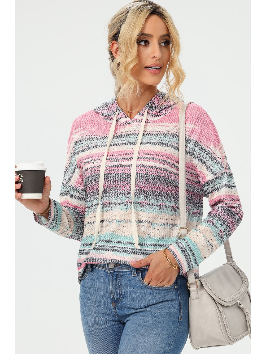 NicholesGifts Women Striped Drawstring Long Sleeve Hoodie