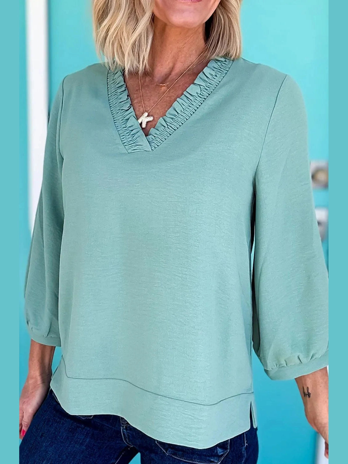 Frill Trim V-Neck Blouse
