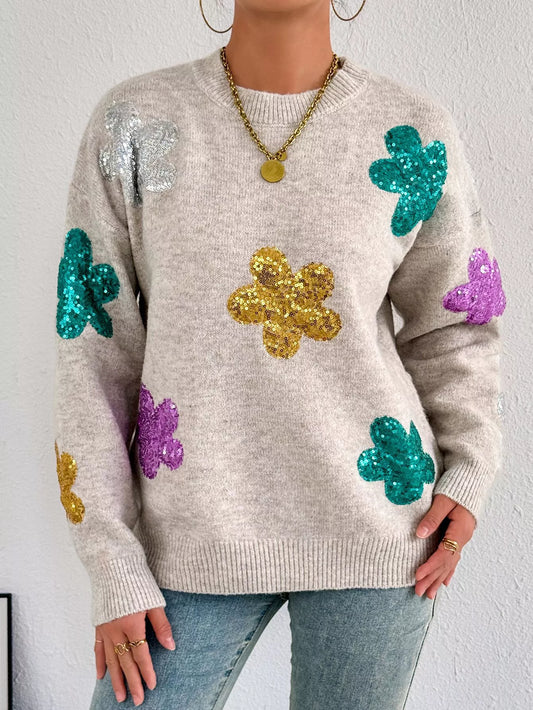 Sequined Floral Round Neck Sweater NicholesGifts