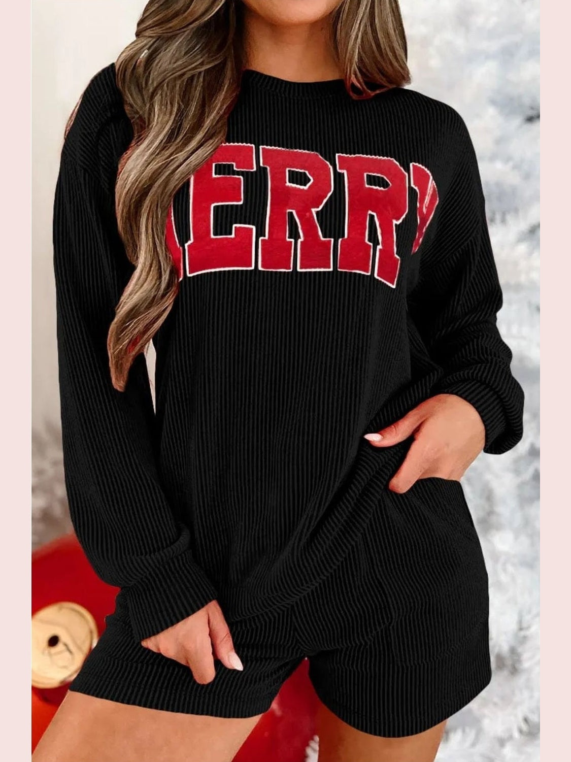 MERRY Round Neck Long Sleeve Top and Shorts Lounge Set