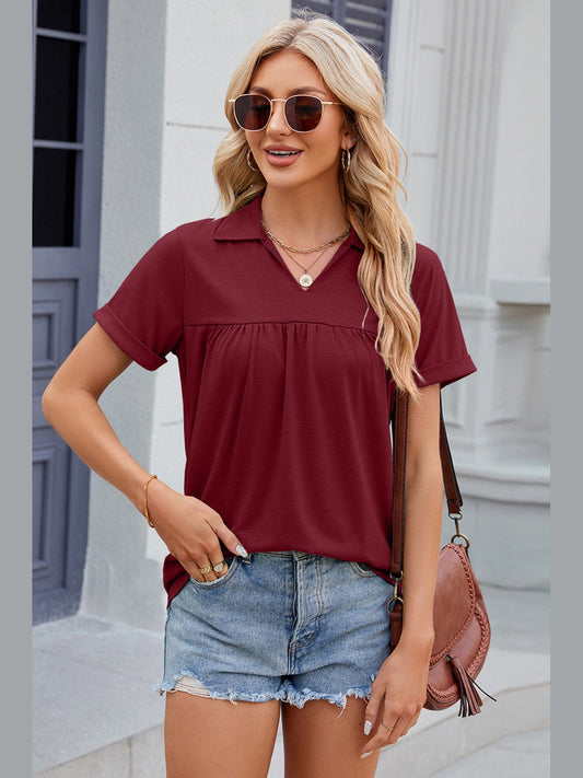 Ruched Johnny Collar Short Sleeve Blouse NicholesGifts