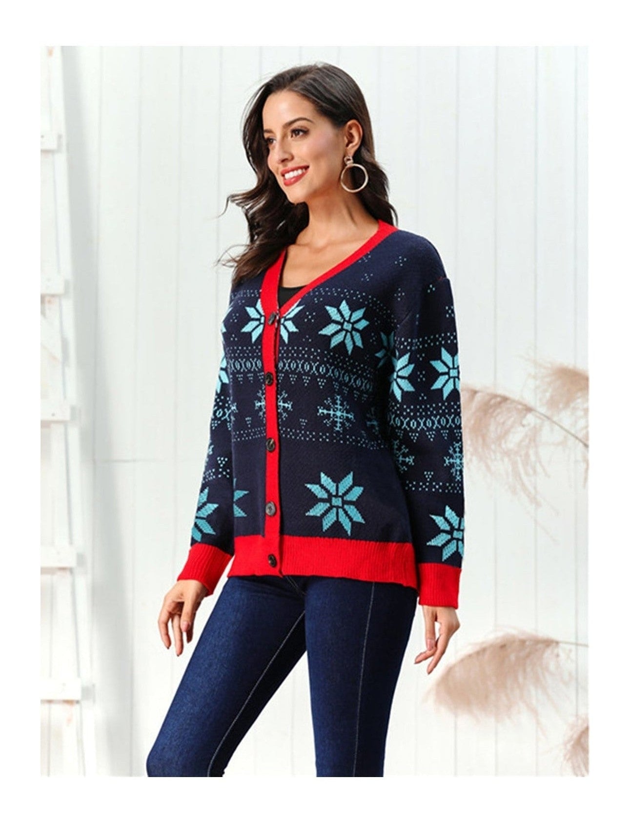 NicholesGifts Women Snowflake Pattern Button Down Cardigan NicholesGifts