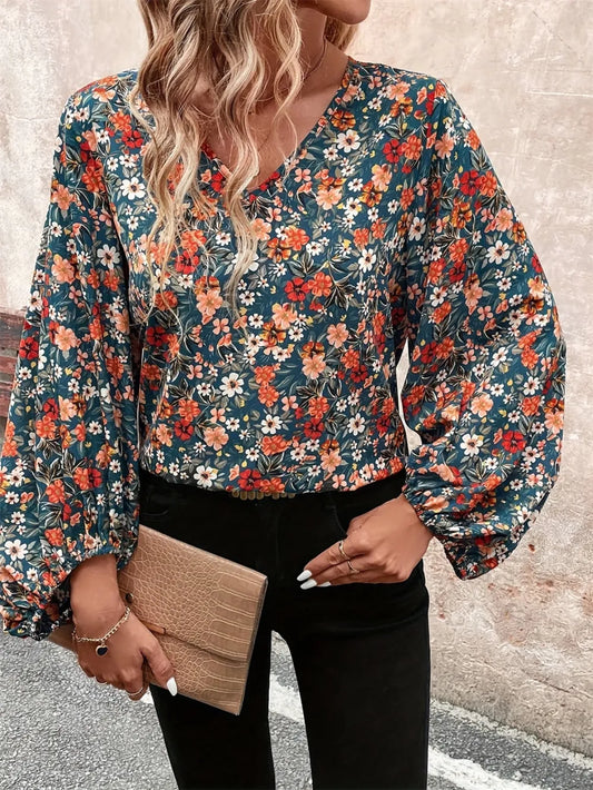 Printed V-Neck Balloon Sleeve Blouse nicholesgifts