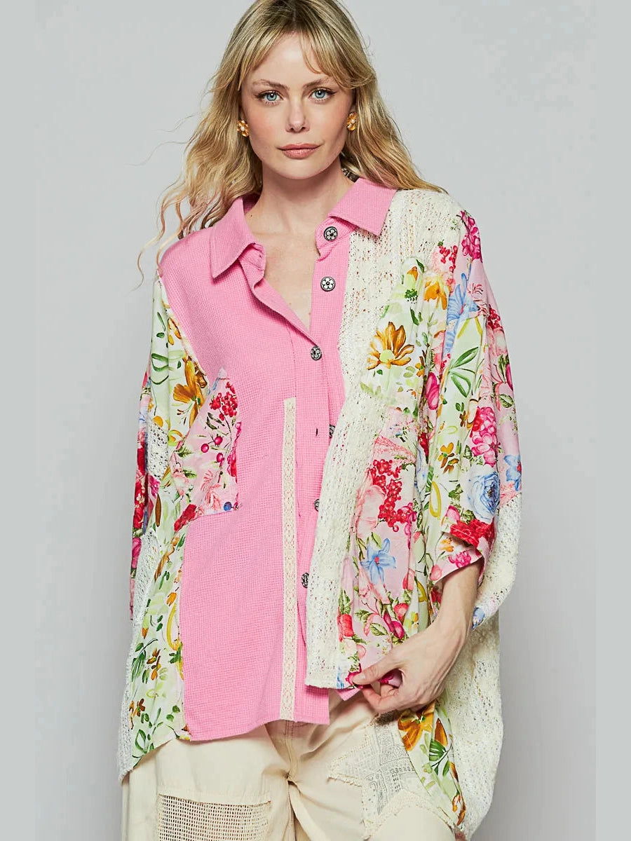 Women POL Thermal and Crochet Lace Mix Shirt with Floral Pattern