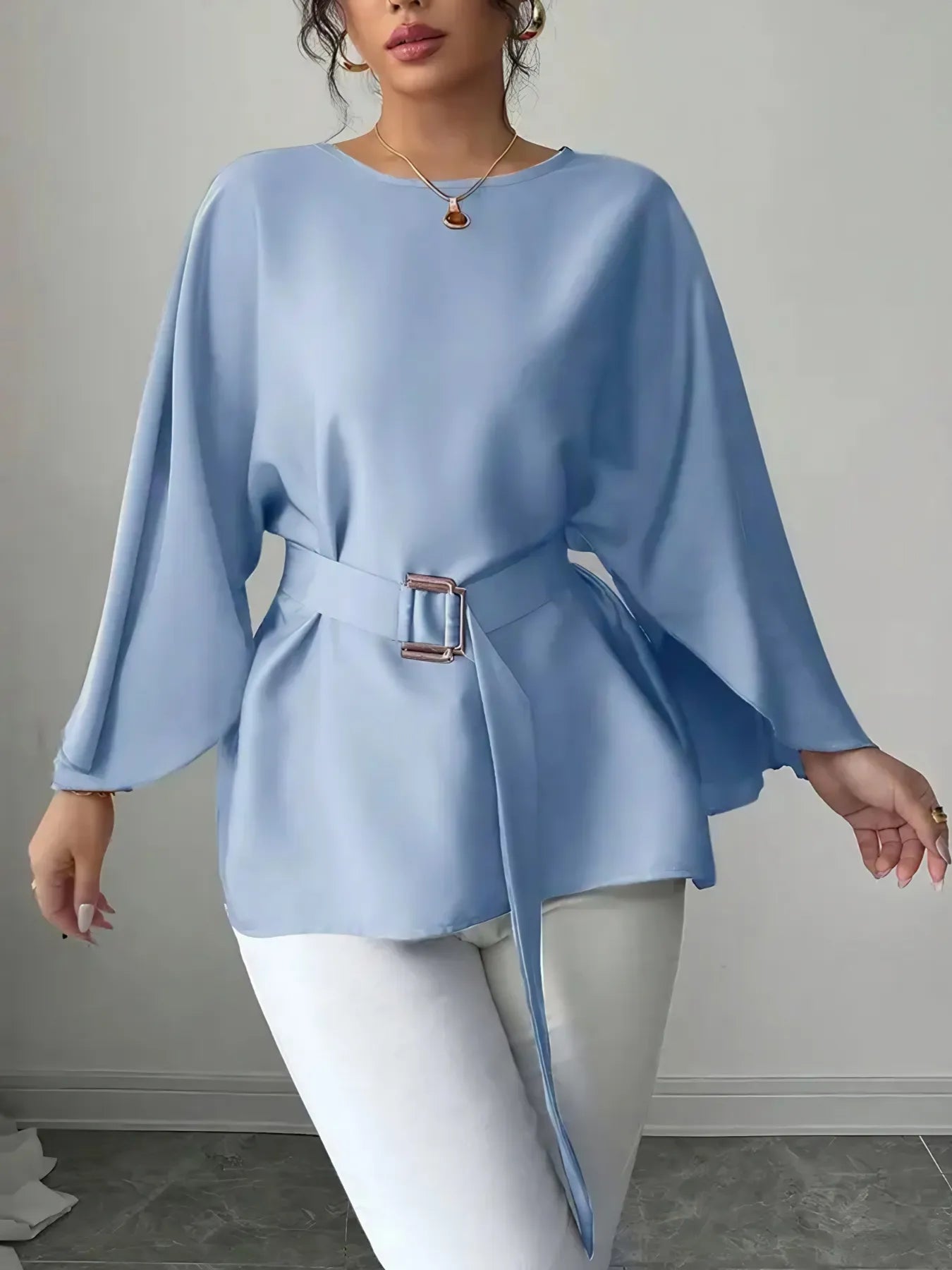 Belted Round Neck Flutter Sleeves Blouse NicholesGifts
