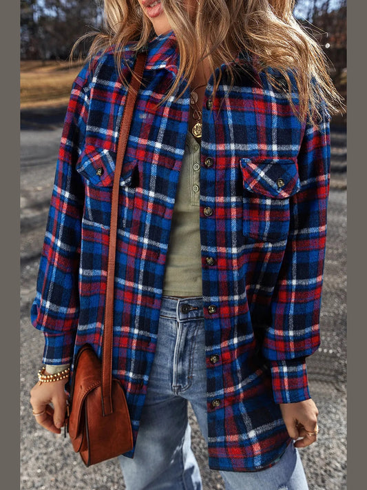 Pocketed Plaid Collared Neck Long Sleeve Shacket Trendsi