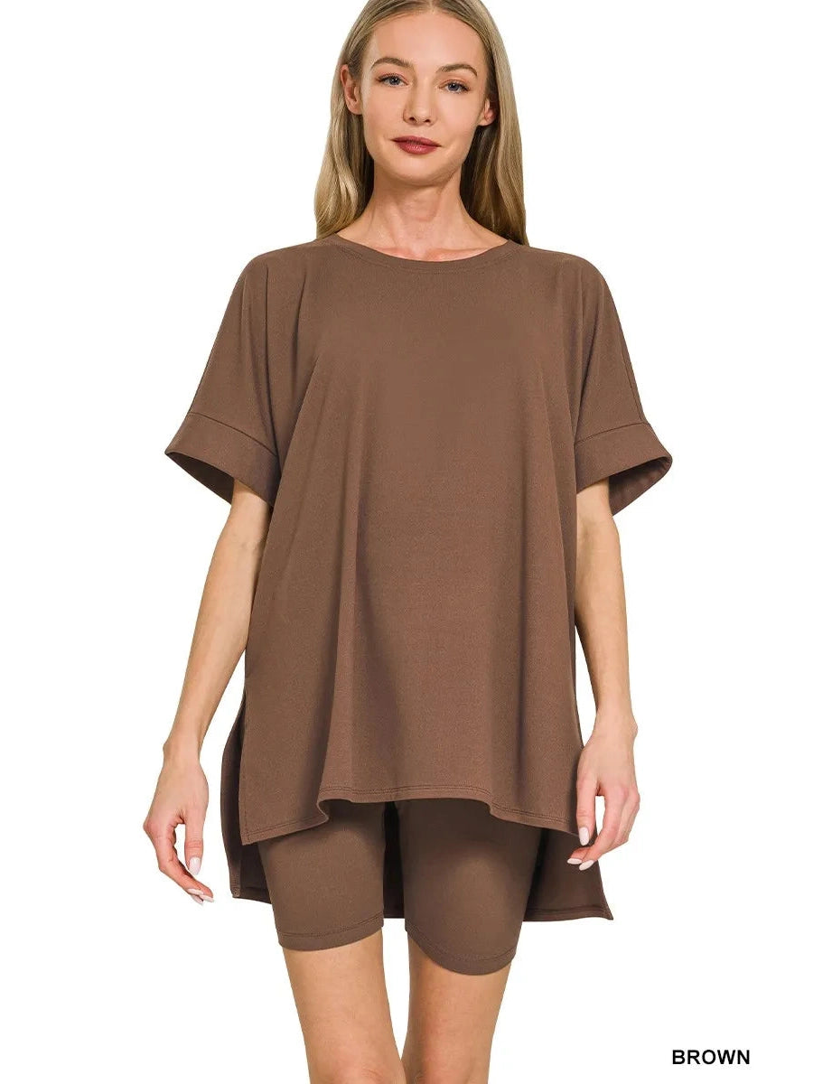 Zenana Full Size Brushed Dty Microfiber Round Neck Top and Biker Shorts Set Plus Size NicholesGifts