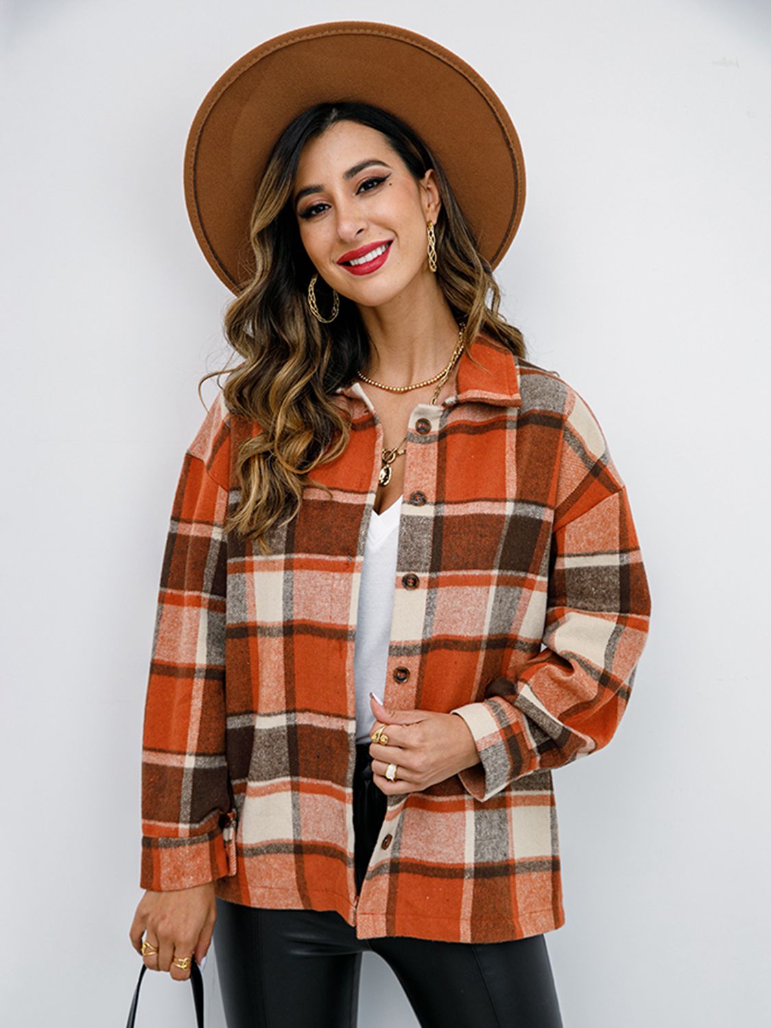 Shiny Plaid Button Up Collared Neck Jacket NicholesGifts