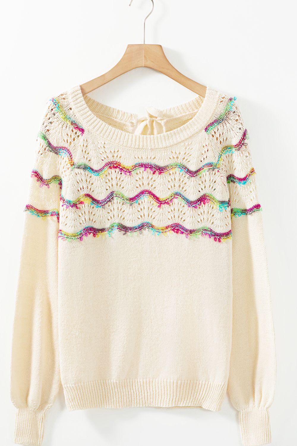 Women Openwork Wavy Striped Round Neck Sweater NicholesGifts