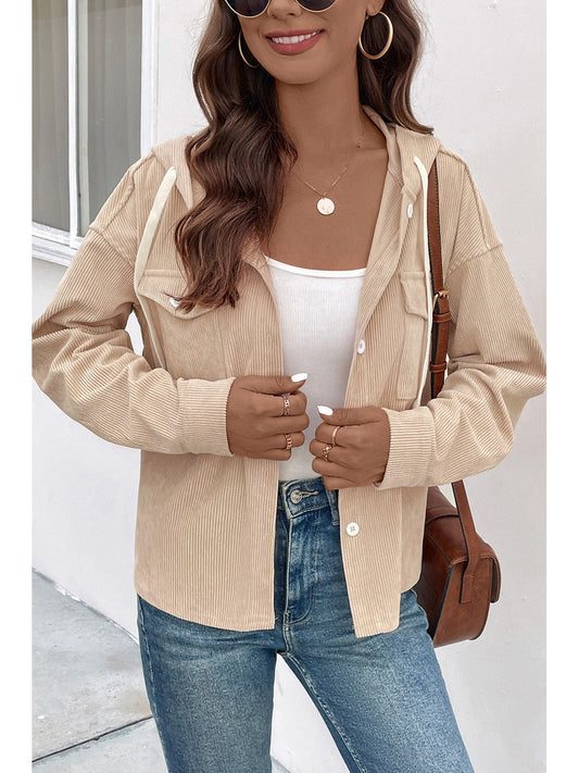 Perfee Ribbed Button Up Drawstring Hooded Jacket