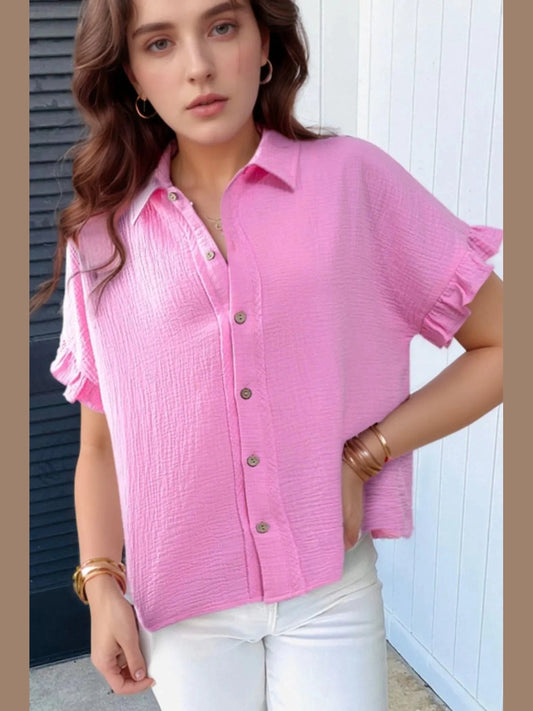 Frill Collared Neck Short Sleeve Shirt NicholesGifts