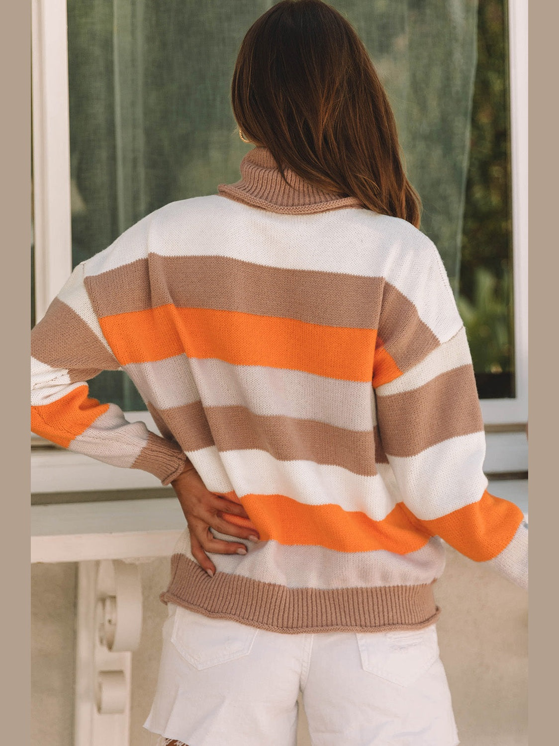 NicholesGifts Women Color Block Drop Shoulder Turtleneck Sweater NicholesGifts