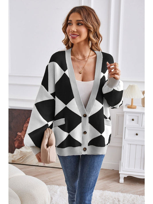Women Geometric Lantern Sleeve Cardigan with Pockets NicholesGifts