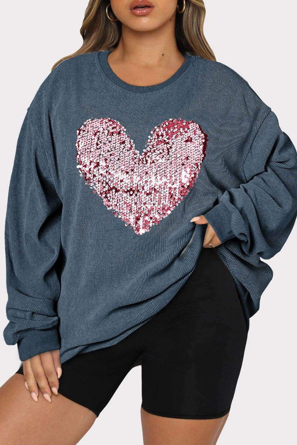 NicholesGifts Women Plus Size Heart Sequin Round Neck Sweatshirt NicholesGifts