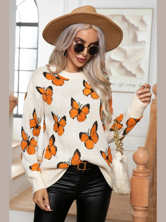 Butterfly Round Neck Long Sleeve Sweater NicholesGifts