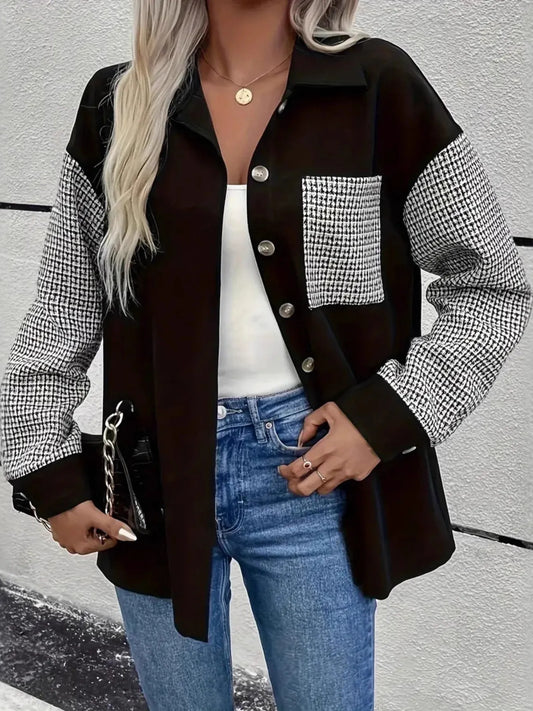 Houndstooth Contrast Button-Up Oversized Jacket Trendsi