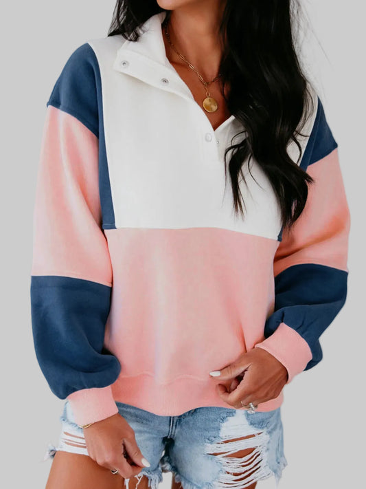 Women Color block Patchwork Half Button Baggy Sweatshirt nicholesgifts