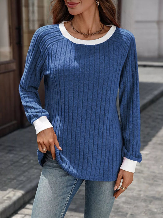 Ribbed Round Neck Raglan Sleeve Knit Top Trendsi