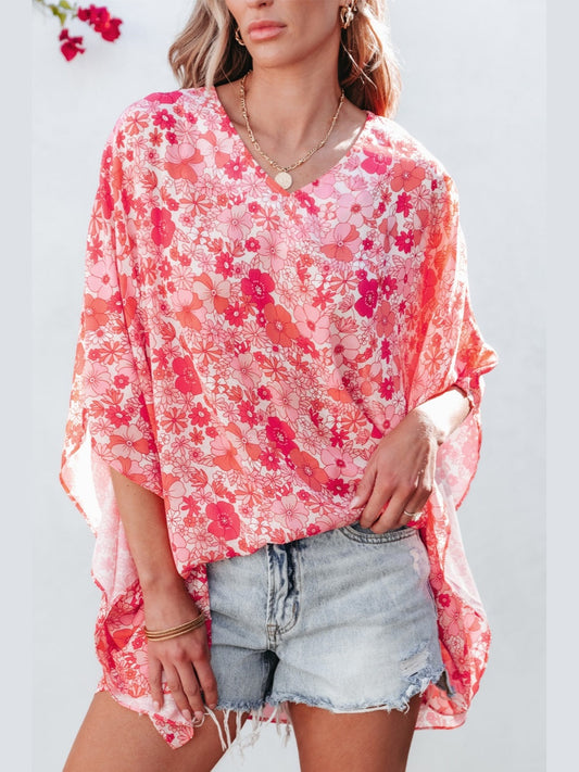 Floral V-Neck Three-Quarter Sleeve Blouse NicholesGifts