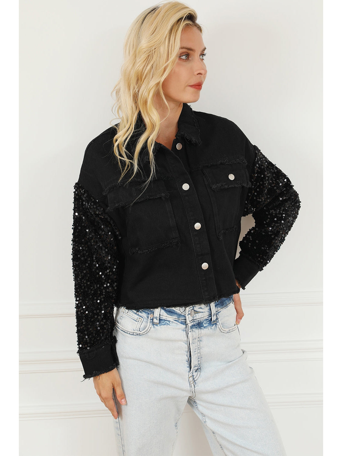 Sequin Button Up Raw Hem Denim Jacket NicholesGifts