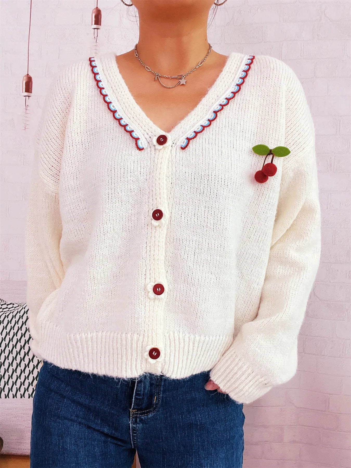 Cherry Button-Front Long Sleeve Cardigan