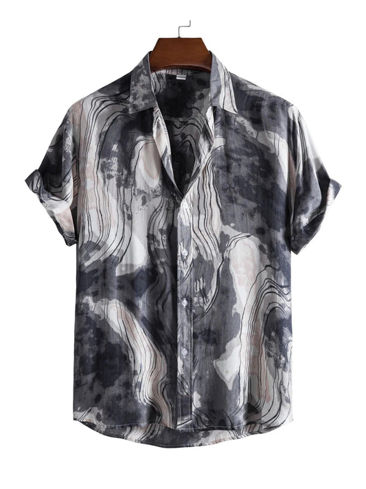 Men's Plus Size Abstract Marble Print Short Sleeve Button-Up Shirt NicholesGifts