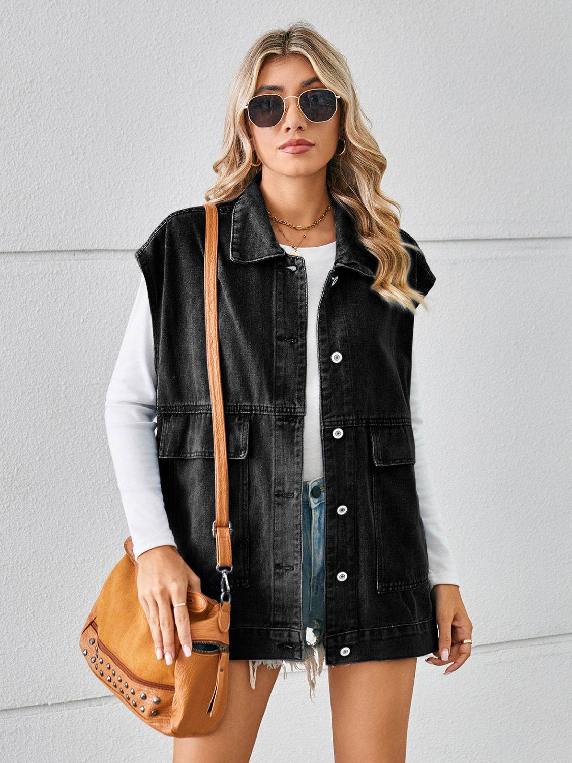 Pocketed Button Up Sleeveless Denim Jacket NicholesGifts