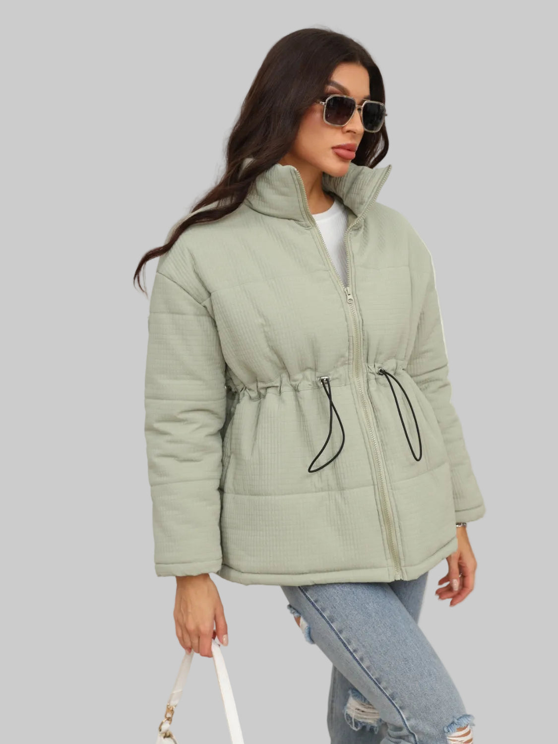 Drawstring Waist Zip-Up Puffer Jacket nicholesgifts