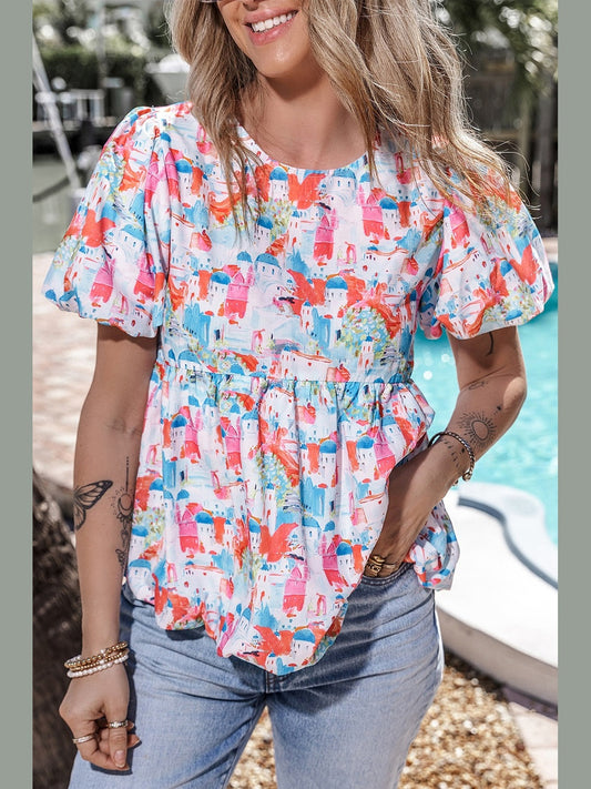 Printed Round Neck Puff Sleeve Blouse