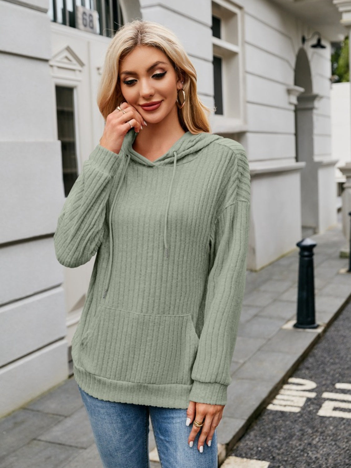 NicholesGifts Women Ribbed Drawstring Long Sleeve Hoodie NicholesGifts