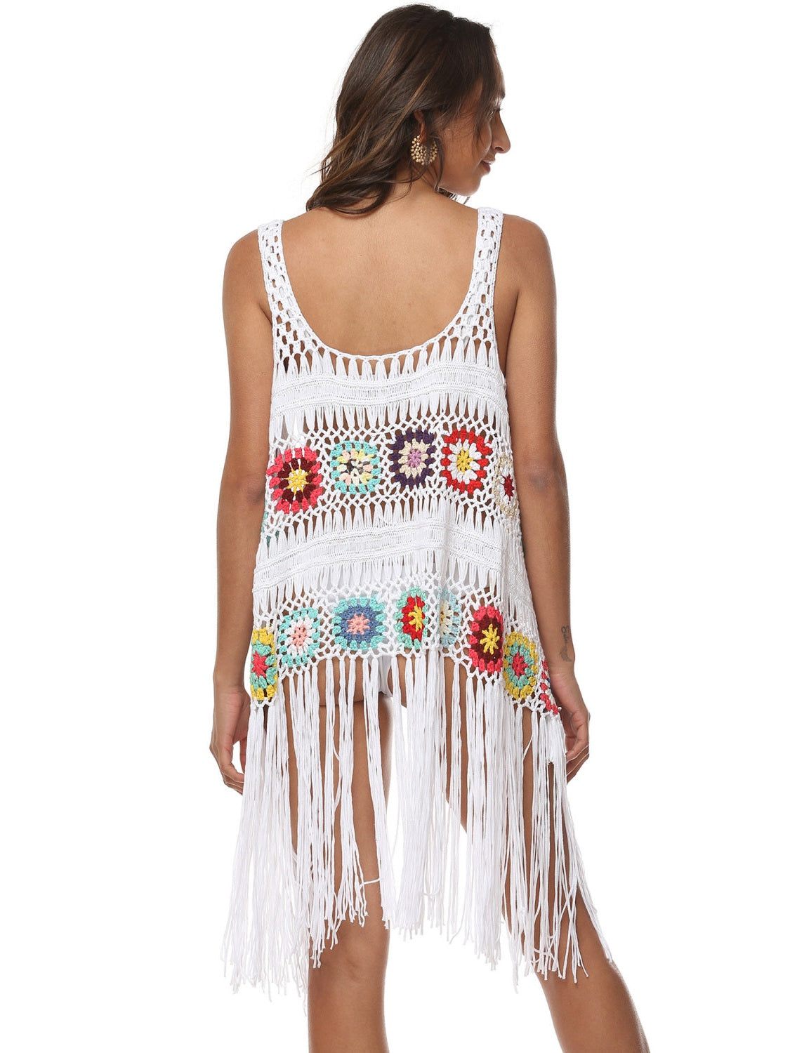 Openwork Fringe Detail Embroidery Sleeveless Cover-Up