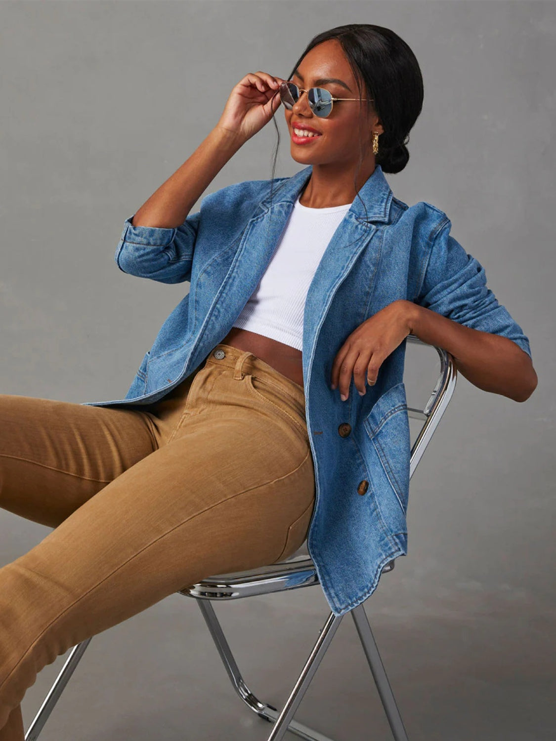 NicholesGifts Women Collared Neck Long Sleeve Denim Jacket NicholesGifts