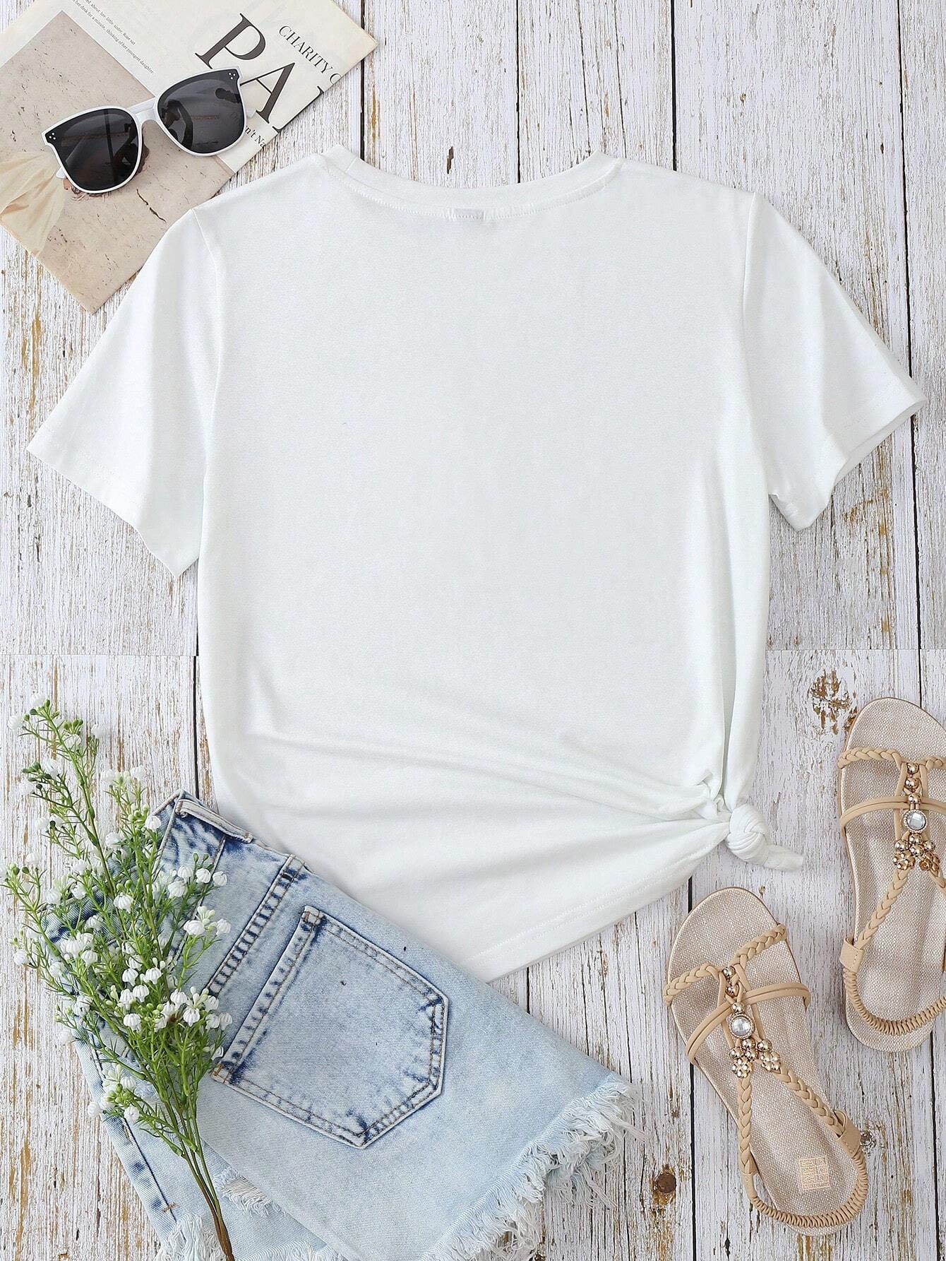 Women Heart Round Neck Short Sleeve White T-Shirt
