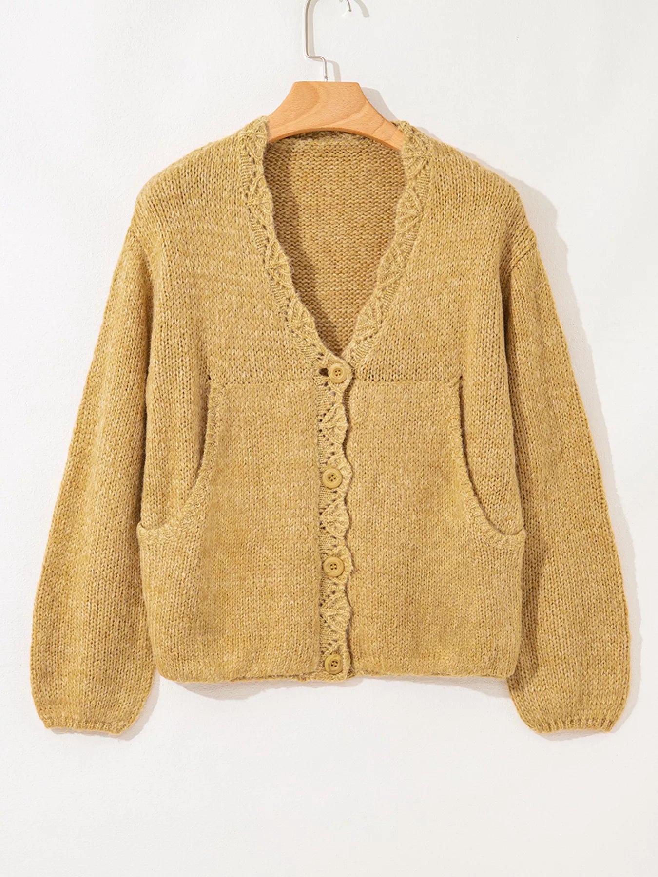 Women Lantern Sleeve Scallop V Neck Buttoned Front Cardigan