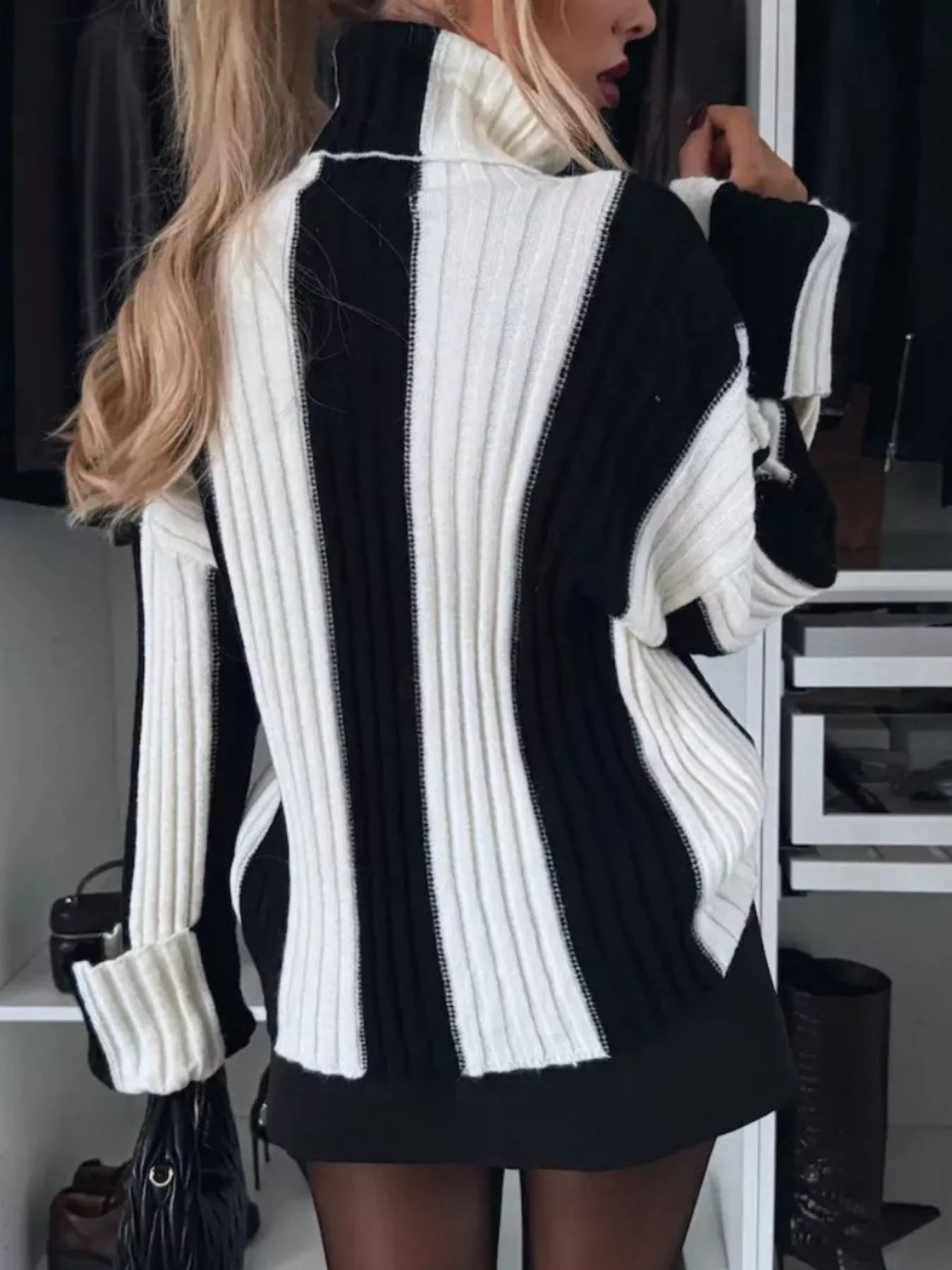 Color Block Ribbed Turtleneck Sweater Trendsi