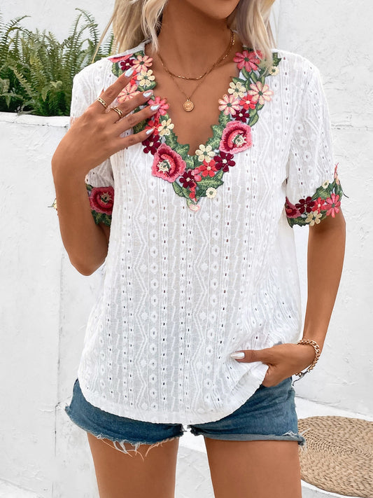 Eyelet Embroidered V-Neck Short Sleeve Blouse NicholesGifts