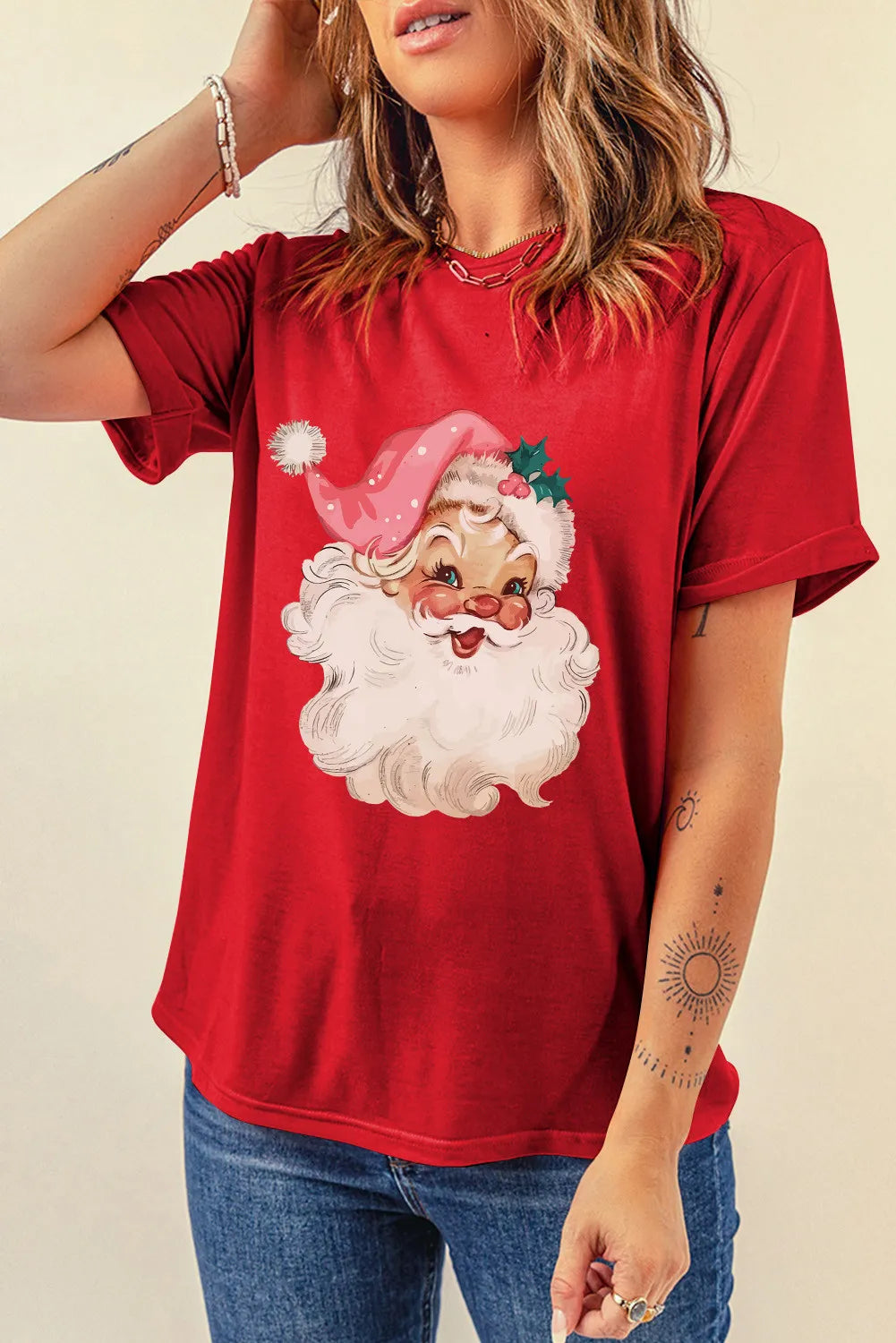 NicholesGifts Women Santa Round Neck Short Sleeve Christmas T-Shirt NicholesGifts