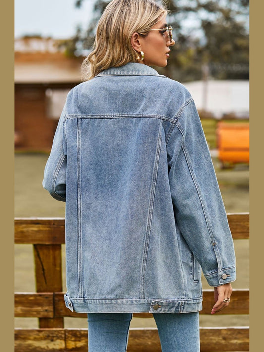Buttoned Collared Neck Denim Jacket with Pockets nicholesgifts