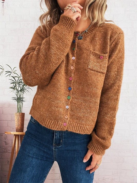 Women Button-Up Ribbed Hem Cardigan Sweater with Chest Pocket NicholesGifts