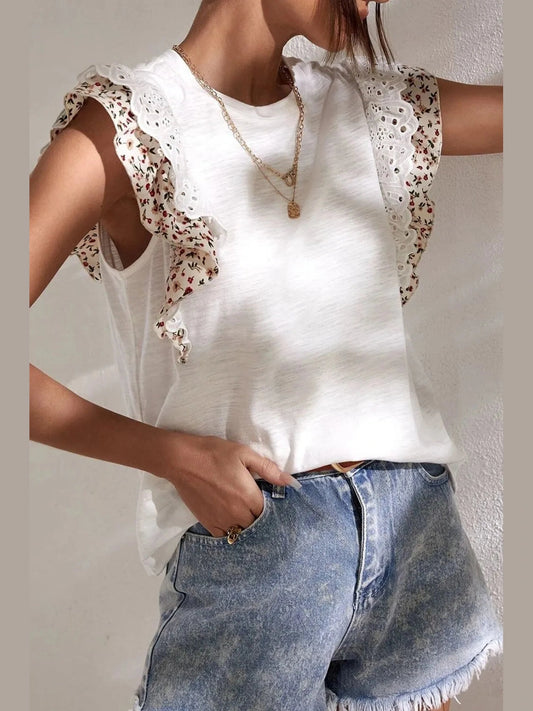 Floral Lace Eyelet Patched Butterfly Sleeve Blouse NicholesGifts