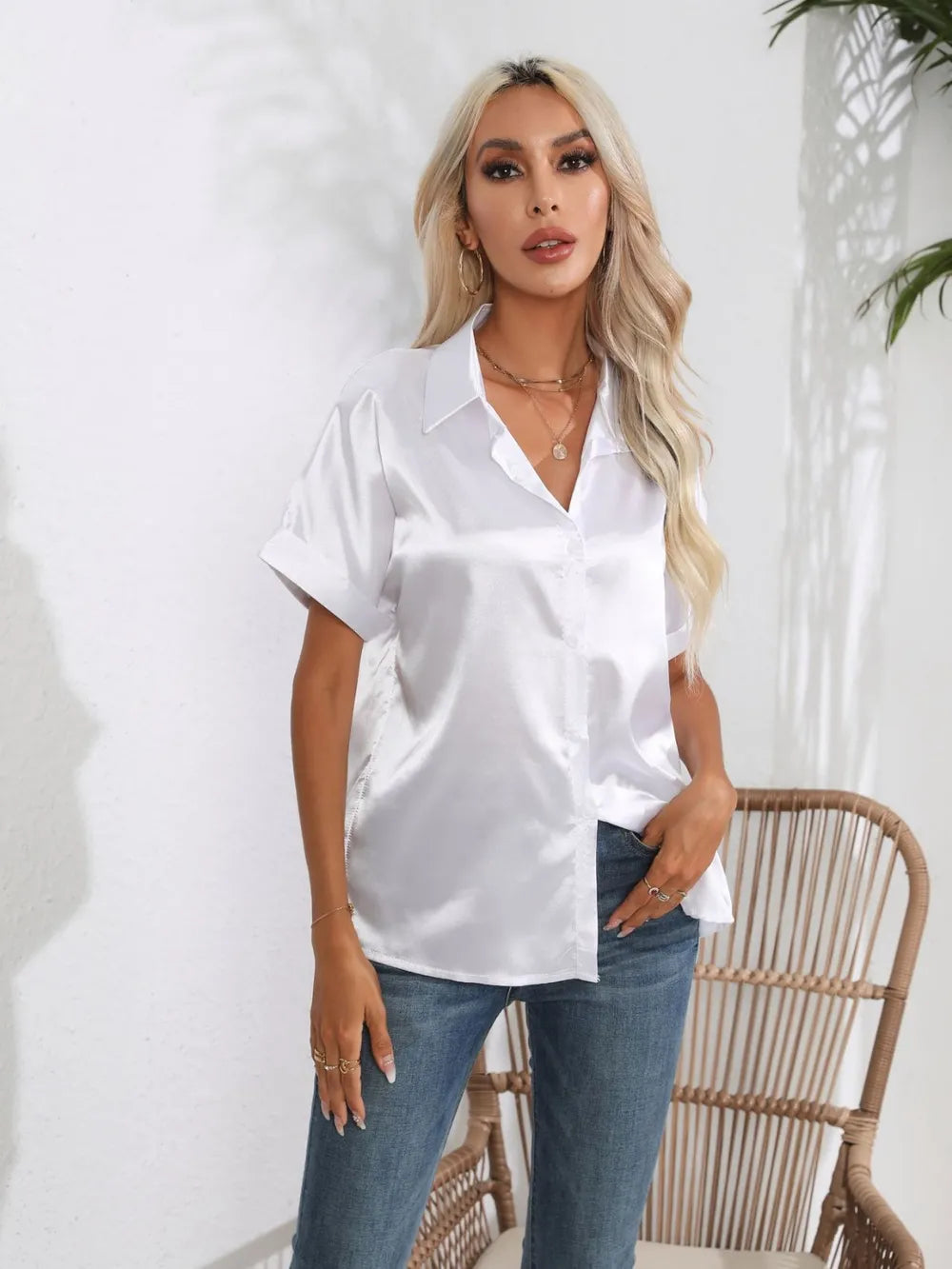 Button Down Collared Neck Short Sleeve Satin Shirt
