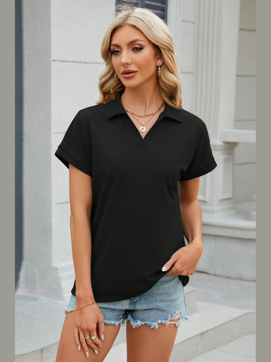 Johnny Collar Short Sleeve Blouse