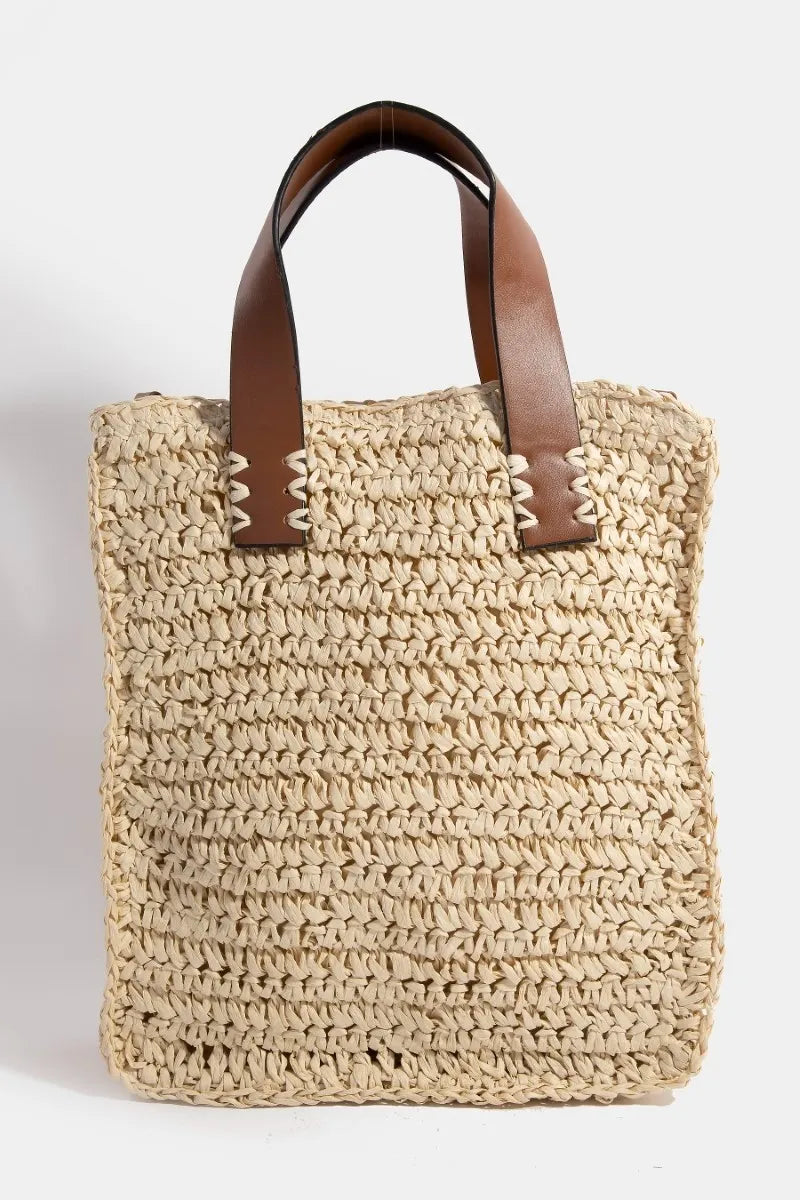 Fame Faux Leather Handle Straw Braided Handbag Trendsi