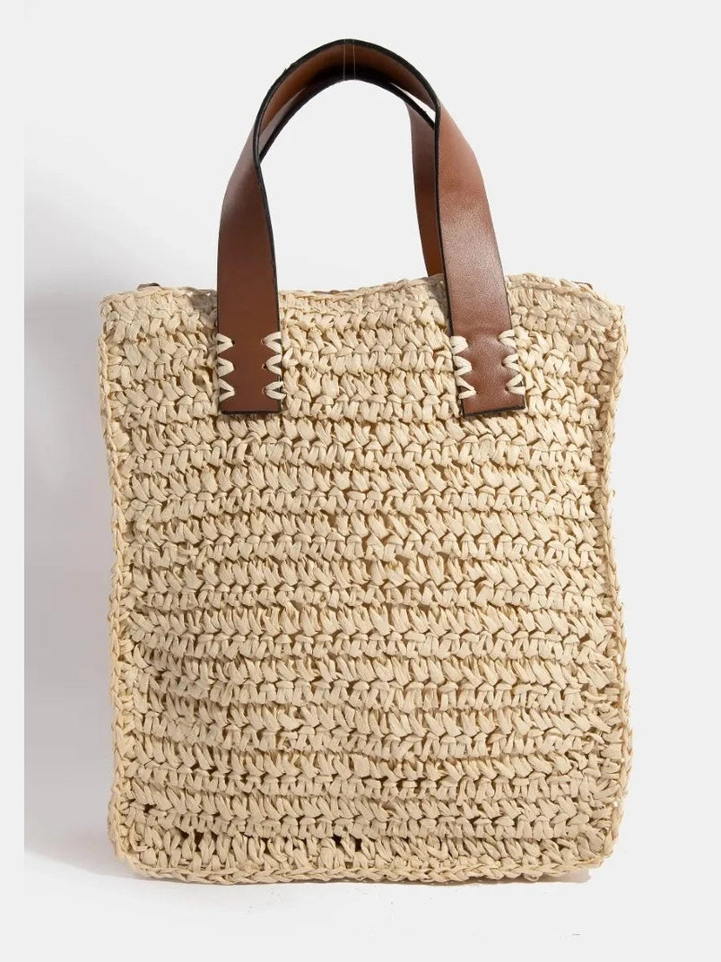 Fame Faux Leather Handle Straw Braided Handbag